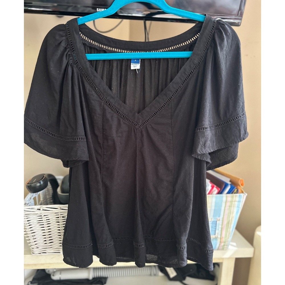 Old Navy Black V-Neck Blouse Large Boho Crochet Trim Cottagecore